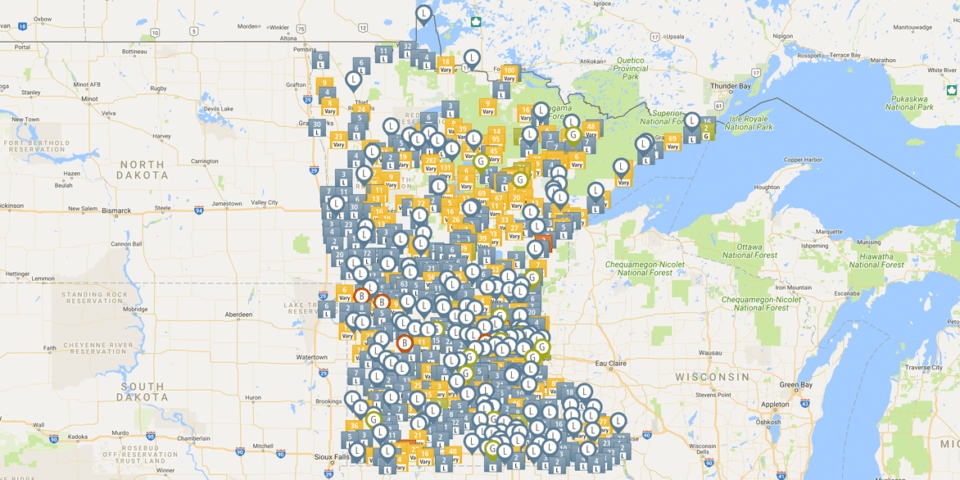 Google map of Blandin Foundation grantees, leadership program particpants, and broadband work across Minnesota